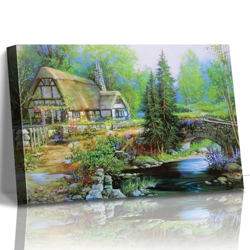 STUDIO HAVEN Thomas Kinkade Canvas Wall Art, Riverside Cottage Stone Bridge Vine-Covered Home Flowing Stream Oil Painting Poster Rustic Wall Decor, Framed Prints for Home Decor, 16x12Inch - color: Thomas020, size: 16"L x 12"W