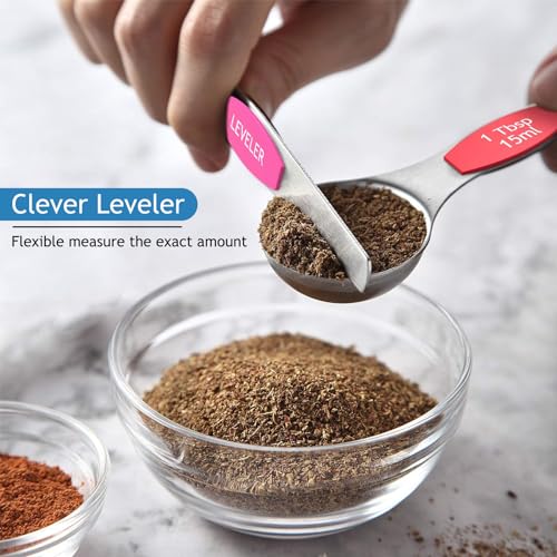 Wildone Stainless Steel Magnetic Measuring Spoons with Strong Magnets, 14pc | Including 8 Double Sided Magnetic Measuring Spoons, Leveler and 5 Mini Spoons for Spice Jar and Liquid Measuring, Multicolor - color: Multicolor