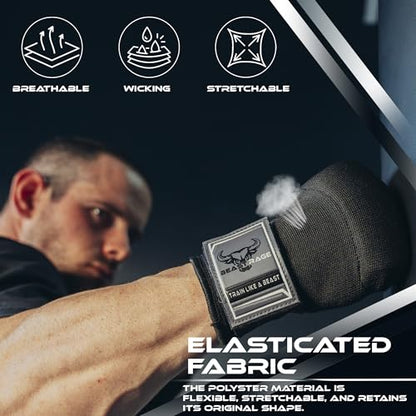 BEAST RAGE Inner Gloves with Hand Wraps Quick Wrap Long 36" Wrist Support MMA Muay Thai Bandages Punching Martial Arts Training Men Women Kickboxing Bandages Under Bag Gloves - color: Black Rage, size: S (Adult)