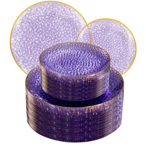 SUT 100Pcs Purple Plastic Plates, Hammered Plates Disposable Heavy Duty, Purple Disposable Plates With Gold Rim, Fancy Plastic plates Include 50 Dinner and 50 Dessert plate for Wedding - color: Purple, size: 100PCS