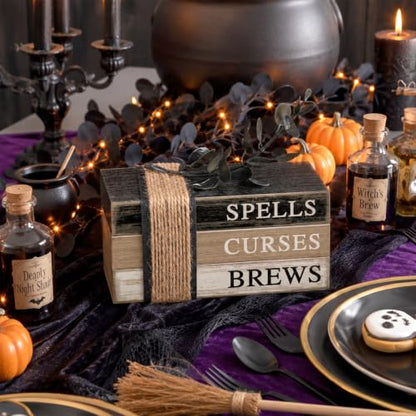 4 Pcs Halloween Table Decorations Halloween Tiered Tray Decorations Rustic Mini Eucalyptus Leaf Coffee Wooden Faux Books Stacks Centerpiece Signs for Farmhouse Office Shelf Tabletop Office Bookshelf - style: Eucalyptus Leaf