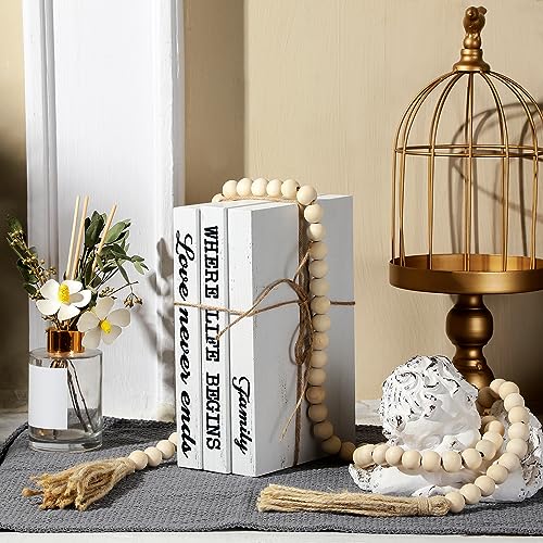 Jetec 3 Pcs Decorative Display Books White Home Decor Coffee Table Faux Stacked Fake Decorative Books with Wood Bead Tassels for Shelves Kitchen Entryway Living Room, 58 Inch, Family Where Life Begins - style: Family Where Life Begins