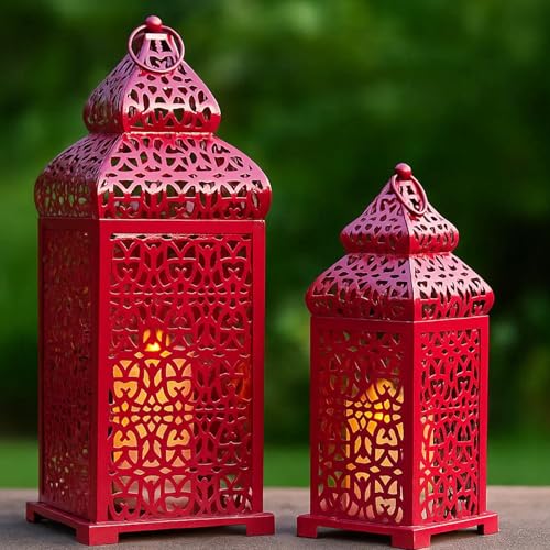 VELA LANTERNS Large Temple Moroccan Lantern Lamp Decorative Candle Holders for Ramadan Decorations, Hanging, Outdoor Patio or Porch, Indoor Home Decor, Red, Set of 2 - color: Red, size: 11" and 15"