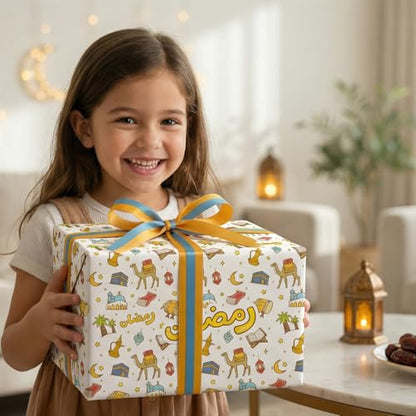 GIOLNIAY Ramadan Wrapping Paper - Eid Gift Wrap with Islamic Lanterns, Camels, Crescent Moon, Mosques and Arabic Ramadan Lettering - 4 Jumbo Sheets, 28" x 40" Each, Easy to Store