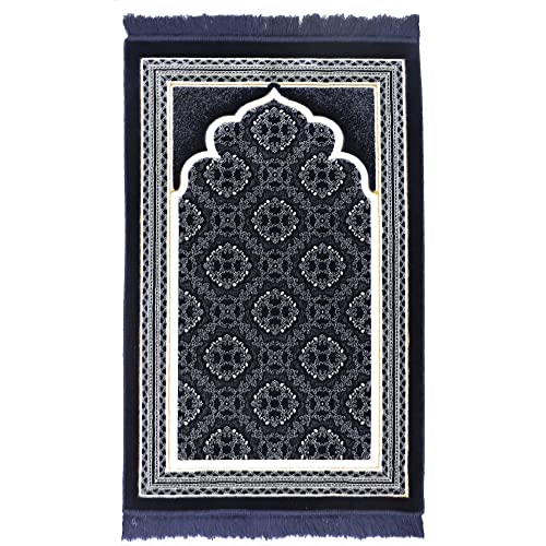 Modefa Turkish Islamic Prayer Rug - Soft Velvet Janamaz Praying Carpet - Comfortable Muslim Praying Mat for Men & Women - Ramadan or Eid Gift - with Kufi Prayer Cap - Elegant Swirl (Dark Blue) - color: Dark Blue