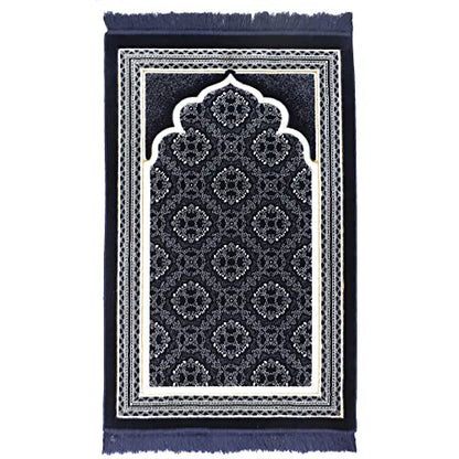 Modefa Turkish Islamic Prayer Rug - Soft Velvet Janamaz Praying Carpet - Comfortable Muslim Praying Mat for Men & Women - Ramadan or Eid Gift - with Kufi Prayer Cap - Elegant Swirl (Dark Blue) - color: Dark Blue