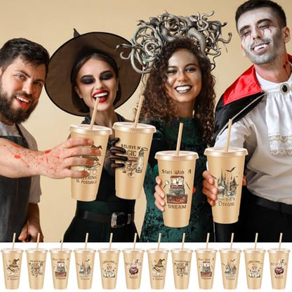 Chuangdi 12 Pcs Magical Wizard Party Cups Birthday Party Favors 24 oz Plastic Reusable Tumblers with Lids and Straws for Magical Wizard Birthday Supplies - style: Magical World