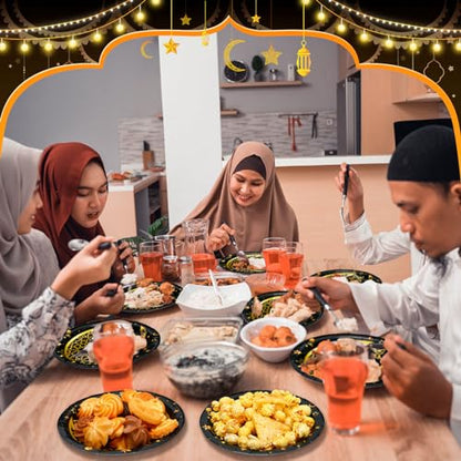 SiliFine 100 Pcs Eid Al Adha Islamic Ramadan Party Decorations Supplies Eid Adha Muslim Paper Plate Bulk 7 Inch Disposable Dessert Plate Mubarak Dinner Tableware Decoration(Black and Gold)