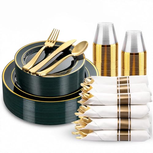WDF Partyware 175PCS Green Plastic Plates - Green and Gold Disposable Plates 25Guests Plastic Plates with Rolled Napkins for Birthday/Party/Wedding - color: Green, size: 175PCS