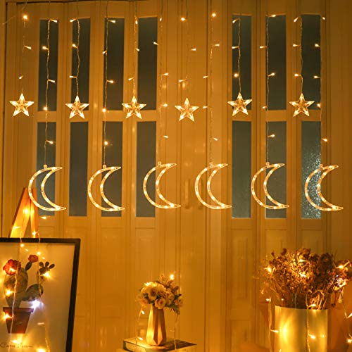 LED Ramadan Star Moon Light,Curtain String Light,115 LED Hanging Window Lights, USB Powered,8 Lighting Modes,Memory,6 Hours Timer,Decoration for Home Living Room Bedroom Balcony Christmas Wedding