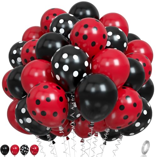 Ladybug Balloons, Red Black Polka Dots Balloons Matte Black and Red Balloon Black and White Polka Dot Latex Balloon for Kids Adults Ladybug Birthday Jungle Party Wedding Baby Shower Graduation - color: Red Black Polka Dots