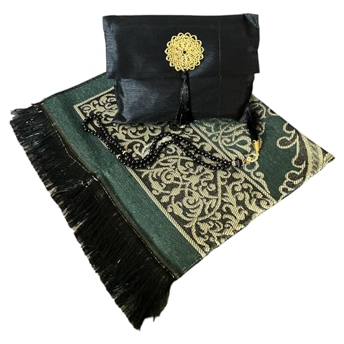 Muslim Prayer Rug and Beads with Elegant Slub Fabric Bag | Janamaz | Sajadah | Soft Islamic Prayer Rug | Islamic & Mawlid Gifts | Prayer Carpet Mat, Taffeta Fabric (Black, 1 Sets) - color: Black, size: 1 Sets