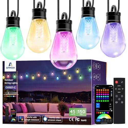 APPECK RGBW Outdoor String Lights 150ft, Smart Patio Light with 45 LED Bulb - size: 150FT