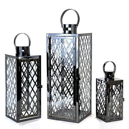 allgala Lantern Jumbo Deluxe Modern Indoor/Outdoor Candle Stainless Steel Rectangular Frame with Lattice Grid Tempered Glass for Garden Poolside Fireplace Wedding (Pack of 3, 12 Inch, Black) - color: Diamond Black