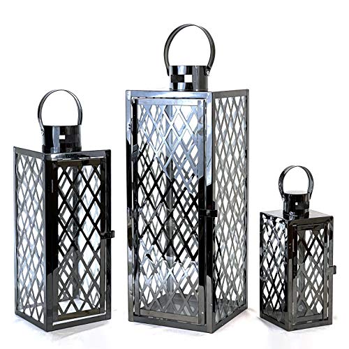 allgala Lantern Jumbo Deluxe Modern Indoor/Outdoor Candle Stainless Steel Rectangular Frame with Lattice Grid Tempered Glass for Garden Poolside Fireplace Wedding (Pack of 3, 12 Inch, Black) - color: Diamond Black
