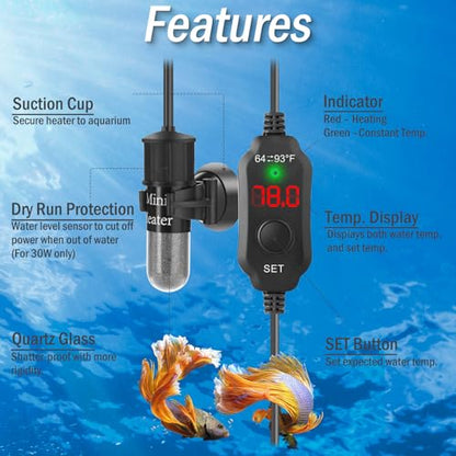 30W Mini Aquarium Heater for 4-6 Gallon Tanks | Submersible Fish Tank Heater with Digital Thermostat, Dry-Run & Overheat Protection, Memory Function - size: For Aquariums ≤ 6 Gal