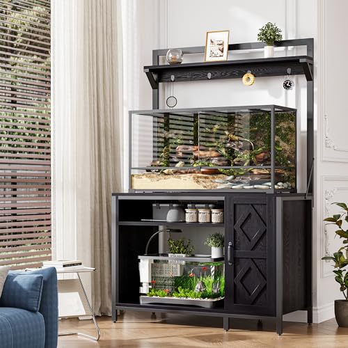 kepptory 75-120 Gallon Diamond Fish Tank Stand with Power Outlet, Heavy Duty Aquarium Cabinet with Display Shelf and 4 Hooks, Suitable for Turtle Tank, Reptile Terrarium for Home Office (Classic Black) - color: Black, size: 40.9"L x 20.5"W x 69.1"H