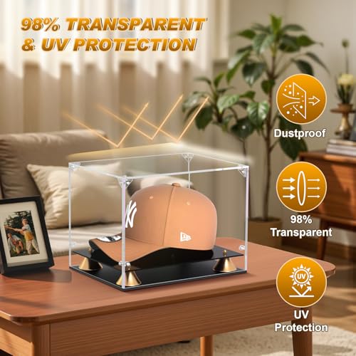 KOLIPI Hat Display Case, Clear Acrylic Baseball Cap Display Box with Double Layer Base, Self-Assembly Showcase for Baseball Cap, Snapback, Mini Helmet, UV Protection for Signed Memorabilia - size: Hat Case, 11x8x7 inches