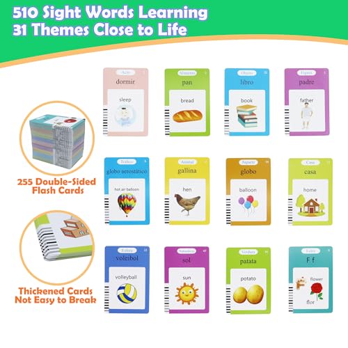 MAYAPHILOS Spanish and English Bilingual Talking Flash Cards with 510 Sight Words, Learning Toys for Toddlers Autism Learning Materials Montessori Toys for Toddlers - size: 510 Words Spanish and English