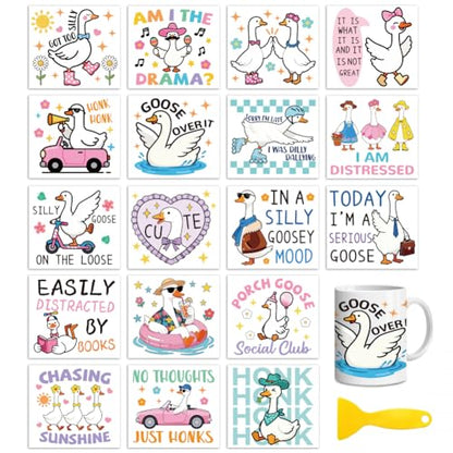 Peacoblue 18 Sheets Rub on Transfers for Crafts, Funny Goose with Word 3.6"x3.9" UV DTF Cup Wraps Waterproof Rub on Cold Transfers Stickers for Wood Glass Metal Cup Tumblers Mirrors Mugs Home Decor - style: Funny Goose with Word