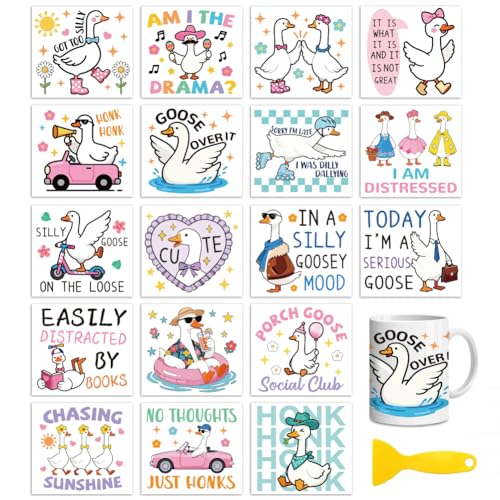 Peacoblue Funny Goose Rub On Transfers for Craft, Transfer Sticker | 18 Sheets UV DTF Transfers, Waterproof Rub On Decals for Wood, Glass, Furniture, Tumblers & Home Decor Crafts - style: Funny Goose with Word