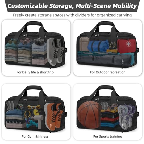 ZOMFELT Tactical Gym Bags for Men, 22x14x9 Carry On Luggage Duffle Bag for Travel, 3-in-1 Sports Basketball Soccer Bag with Removable Dividers & Shoe Compartment, Weekender Overnight Travel bag, Black - size: Medium