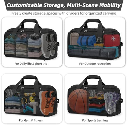 ZOMFELT Tactical Gym Bags for Men, 22x14x9 Carry On Luggage Duffle Bag for Travel, 3-in-1 Sports Basketball Soccer Bag with Removable Dividers & Shoe Compartment, Weekender Overnight Travel bag, Black - size: Medium