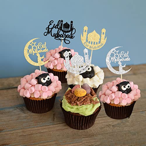 24 Pack Cupcake Toppers - Moon Star Happy Eid Mubarak Cupcake Picks - Islamic Muslim Theme - Ramadan Kareem Eid Party Cake Decorations - color: Gold-2