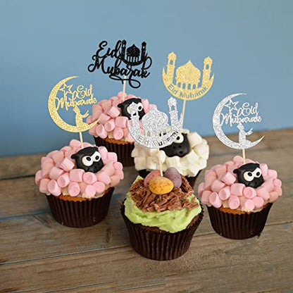 24 Pack Cupcake Toppers - Moon Star Happy Eid Mubarak Cupcake Picks - Islamic Muslim Theme - Ramadan Kareem Eid Party Cake Decorations - color: Gold-2