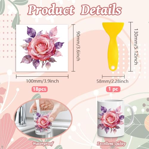 Peacoblue 18 Sheets Rub on Transfers for Crafts, Shining Rose Flower 3.6"x3.9" UV DTF Cup Wraps Waterproof Rub on Cold Transfers Stickers for Wood Glass Metal Cup Tumblers Mirrors Mugs Home Decor - style: Shining Rose Flower