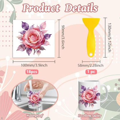 Peacoblue 18 Sheets Rub on Transfers for Crafts, Shining Rose Flower 3.6"x3.9" UV DTF Cup Wraps Waterproof Rub on Cold Transfers Stickers for Wood Glass Metal Cup Tumblers Mirrors Mugs Home Decor - style: Shining Rose Flower