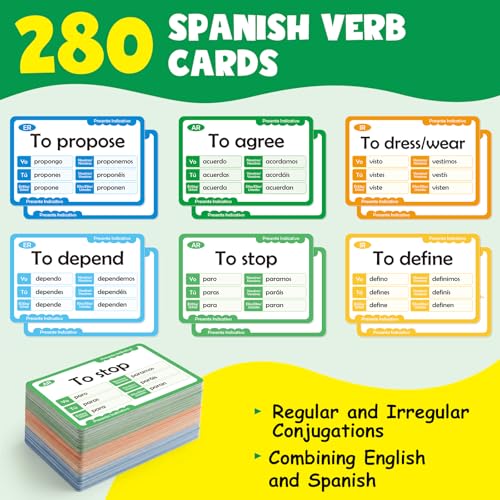 Edulok 아동용 스페인어 플래시 카드, 280개의 스페인어 동사 활용 책 플래시 카드, 성인 초보자를 위한 스페인어 배우기, 이중 언어 플래시 카드, 스페인어 어휘 게임 스페인어 학습 워크북