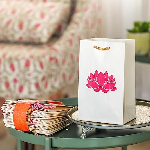 Desi Favors Lotus Gift Bags - Lotus Printed Paper for Christmas, Weddings, Birthday,s Pooja/puja Return Gifts Shagun Gift Bags - 7.4x4.7x3.14 Inch (Pack of 8) - style: Pearl White (Pink Lotus)