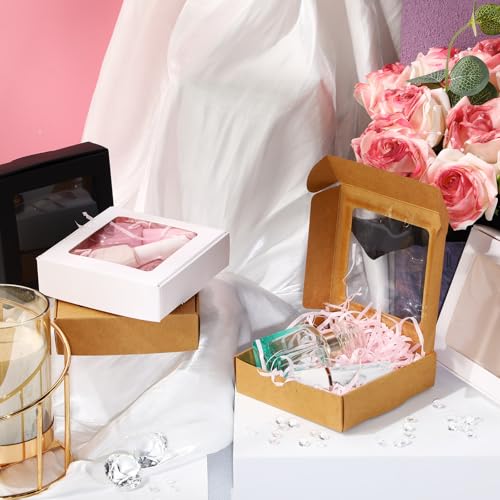 Zonon 30 Pcs Kraft Paper Boxes with Window 4.13 x 4.13 x 1.18 Inch Candy Packaging, Small Gift Boxes, Soap holder, Mini Treat Packaging for Bakery Chocolate Jewelry Display (Brown,Black,White) - color: Brown, Black, White