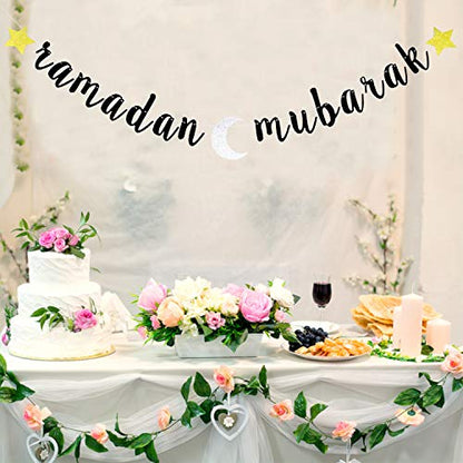 Glitter Ramadan Mubarak Banner - Eid Festival Muslim Islam Party Decoration Supplies -2024 Hajj Mubarak Umrah Mubarak Islamic Party Sign