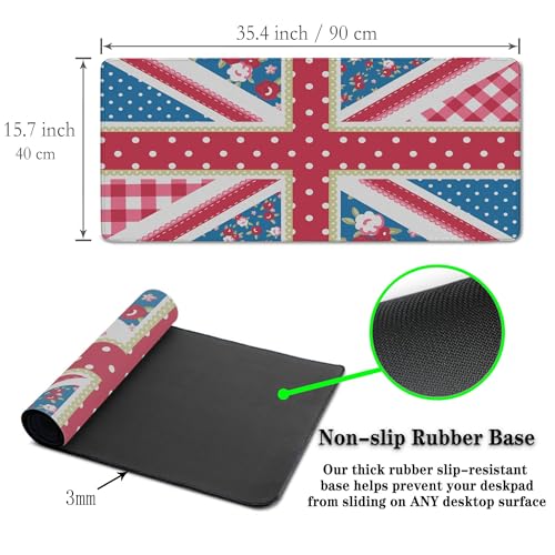 Union Jack Gaming XXL Mouse Pads British Flag Mouse Pad Shabby Chic Floral Style Mousepads Non-Slip Rubber Base Waterproof with Stitched Edges, 35.4" X 15.7" for Work/Game/Office/Home - color: British Flag