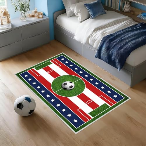 Soccer Rug for Boys Bedroom,Soccer Field Area Rug for Entryway 2x3 Washable Rugs Sport Throw Carpets Ultra Thin Entry Rugs Non-Slip Entrance Indoor Mat Floor Carpet for Bedside,Sofa,Green Blue Red - size: 2'x3'