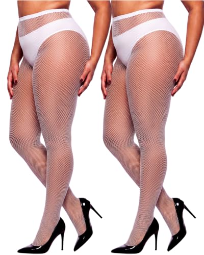 ZINTEDI 2 Pairs Plus Size Black Fishnet Stockings for Women High Waist Fishnet Tights - color: White