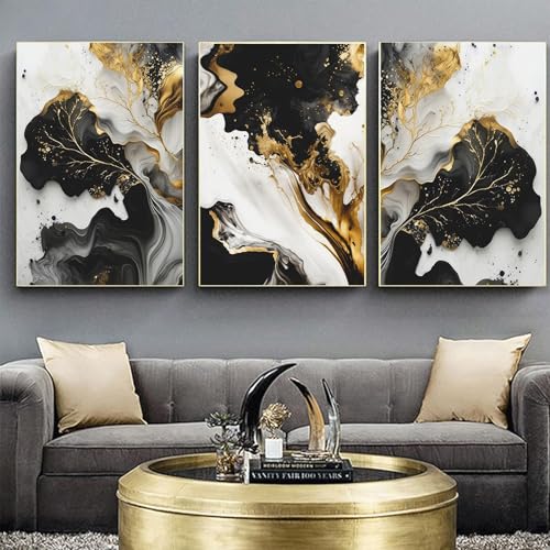 Black and Gold Leaf Wall Art - Abstract Painting With Grey and White - Modern Luxury Poster - 16x24 Inch - color: Black