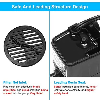 DaToo 160GPH 10W Submersible Water Pump Fountain Pump Ultra Quiet For Aquariums Fish Tank Pond Fountain Statuary Water Feature Hydroponics - size: 10W 160GPH (With 3.3ft Free Tubing)