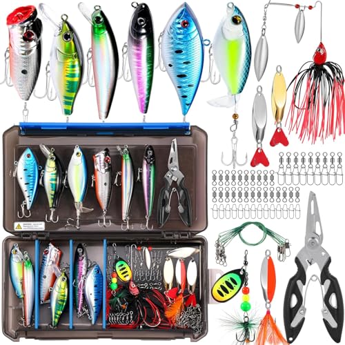 PLUSINNO Fishing Lures Fishing Tackle Box Fishing Gifts for Men, Bass, Trout Fishing Accessories Kit for Saltwater & Freshwater Fishing Gear Including Topwater Lures, Hooks, Spinnerbaits - color: 68pcs Fishing Accessories Kit