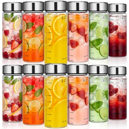 LemonRoad 12 Pack 13.5 oz Glass Juice Bottles Bulk Scale Wide Mouth Glass Water Bottle with Leakproof Stainless Steel Lids, Borosilicate Reusable Container for Juicing Smoothies Infused Water - size: 13.5 oz