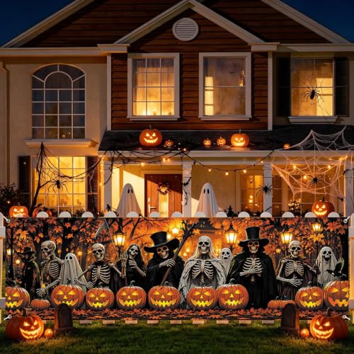 Skeleton Halloween Fence Banner 118 x 35 Inch, Large Outdoor Halloween Banner with Skeletons, Ghosts, Pumpkins, Lanterns & Fall Leaves for Yard, Porch, Fence Party Decorations - color: 276-1