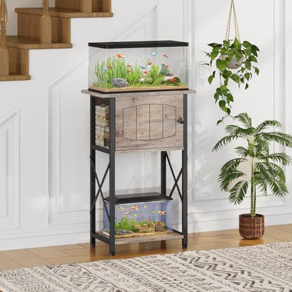 HOOBRO 10 Gallon Aquarium Stand, Fish Tank Stand with Cabinet Storage, Reptile Turtle Tank Stand with Metal Frame, 20.5" L x 11" W , 220 LBS Capacity, Greige BG28FT01 - color: Greige + Black