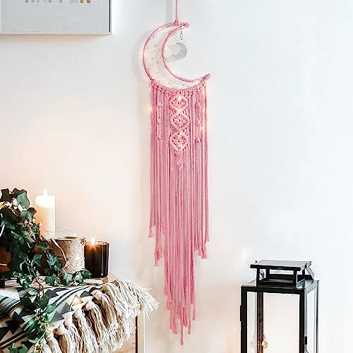 Boho Macrame Wall Hanging, Crochet Moon Star Dream Catcher with Light - color: Baby Pink, size: With Light