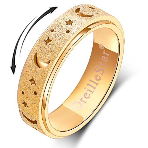OreilleStar Anxiety Ring for Women Fidget Ring Spinner Rings Stainless Steel Moon Star Fidgit Ring for Women Gold Plated Size 6 - size: Size 6, style: Moon Star-Gold