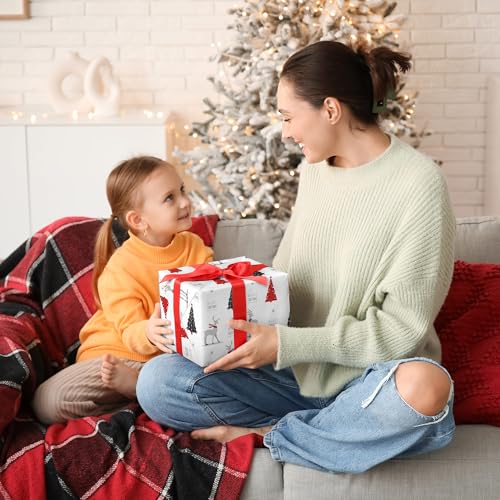 Cuitpan White Christmas Wrapping Paper Bundle for Kids Adults - Reindeer, Stripes, Woodlands, Snowflake, Red Truck Winter Scene Designs - 28 x 40 Inches, 6 Jumbo Sheets, Recycled - color: White-Christmas