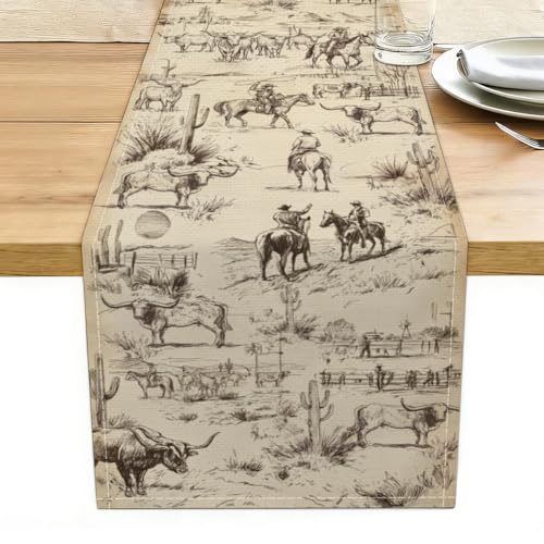 Cowboy Farm Table Runner Seasonal Spring Fall Kitchen Linen Table Decor - color: Desert Cattle Ranch