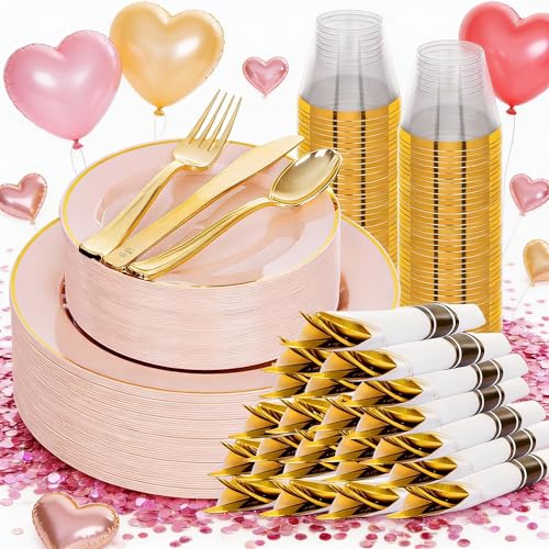 SUT 175 Pcs Pink and Gold Plastic Dinnerware Set for 25 Guests, Include: 25 Dinner Plates, 25 Dessert Plates, 25 Pre Rolled Napkins With Silverware, 25 Cups, Disposable Plates for Baby Shower, Party - color: Pink Gold, size: 175PCS