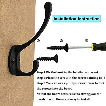 IBosins 10 Pack Black Double Coat Hooks No Rust Hooks for Coat, Scarf, Bag | Dual Coat Hooks Wall Mounted with 40 Screws Retro Hooks Utility for Towel, Key, Cap, Cup, Hat - color: Black